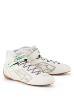 Alpinestars Tech-1 Z V3 Shoes FIA, White Green Gum Silver racing shoes, perforated bovine leather upper, speed lacing system with green logo strap, thin gum rubber sole for pedal feel, professional motorsport footwear