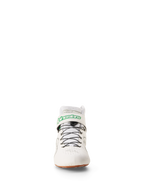 Alpinestars Tech-1 Z V3 Shoes FIA, Racing and Karting Shoes, White Green Gum Silver, front view featuring green Alpinestars logo on the ankle strap, black speed lacing system, and gum rubber sole, professional motorsport footwear