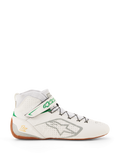 Alpinestars Tech-1 Z V3 Shoes FIA, Karting and Auto Racing Shoes, White with Green and Gum accents, side view featuring silver Alpinestars logo, perforated leather upper, high-top silhouette with speed lacing, professional motorsport design