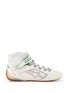 Alpinestars Tech-1 Z V3 Shoes FIA, Karting and Auto Racing Shoes, White with Green and Gum accents, side view featuring silver Alpinestars logo, perforated leather upper, high-top silhouette with speed lacing, professional motorsport design