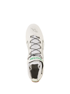 Alpinestars Tech-1 Z V3 Shoes FIA, Professional Auto Racing Footwear, White Green and Silver, top-down view featuring black speed lacing with wire support, perforated leather upper, and green Alpinestars branding on the strap