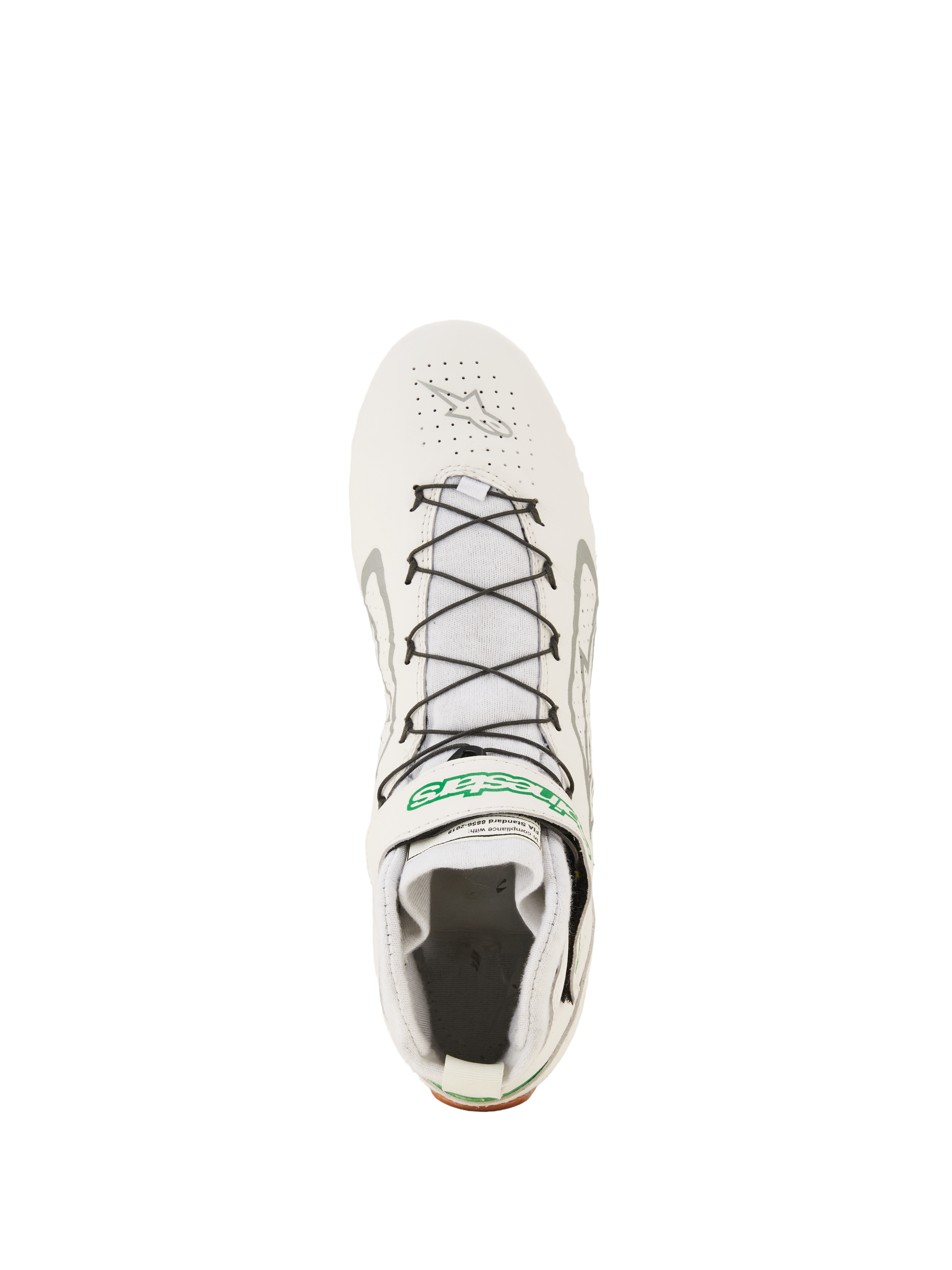 Alpinestars Tech-1 Z V3 Shoes FIA, Professional Auto Racing Footwear, White Green and Silver, top-down view featuring black speed lacing with wire support, perforated leather upper, and green Alpinestars branding on the strap