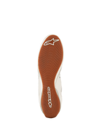 Alpinestars Tech-1 Z V3 Shoes FIA, Auto Racing Shoes, White Green Gum Silver, bottom view of the textured gum rubber outsole, asymmetric tread pattern with white Alpinestars branding on the toe and heel