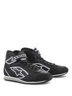 Alpinestars Radar Shoes, professional pit-crew footwear, Black and White, leather construction with perforated cooling zones, features white Astars logo on the side and adjustable ankle strap with branding, durable rubber sole for garage use