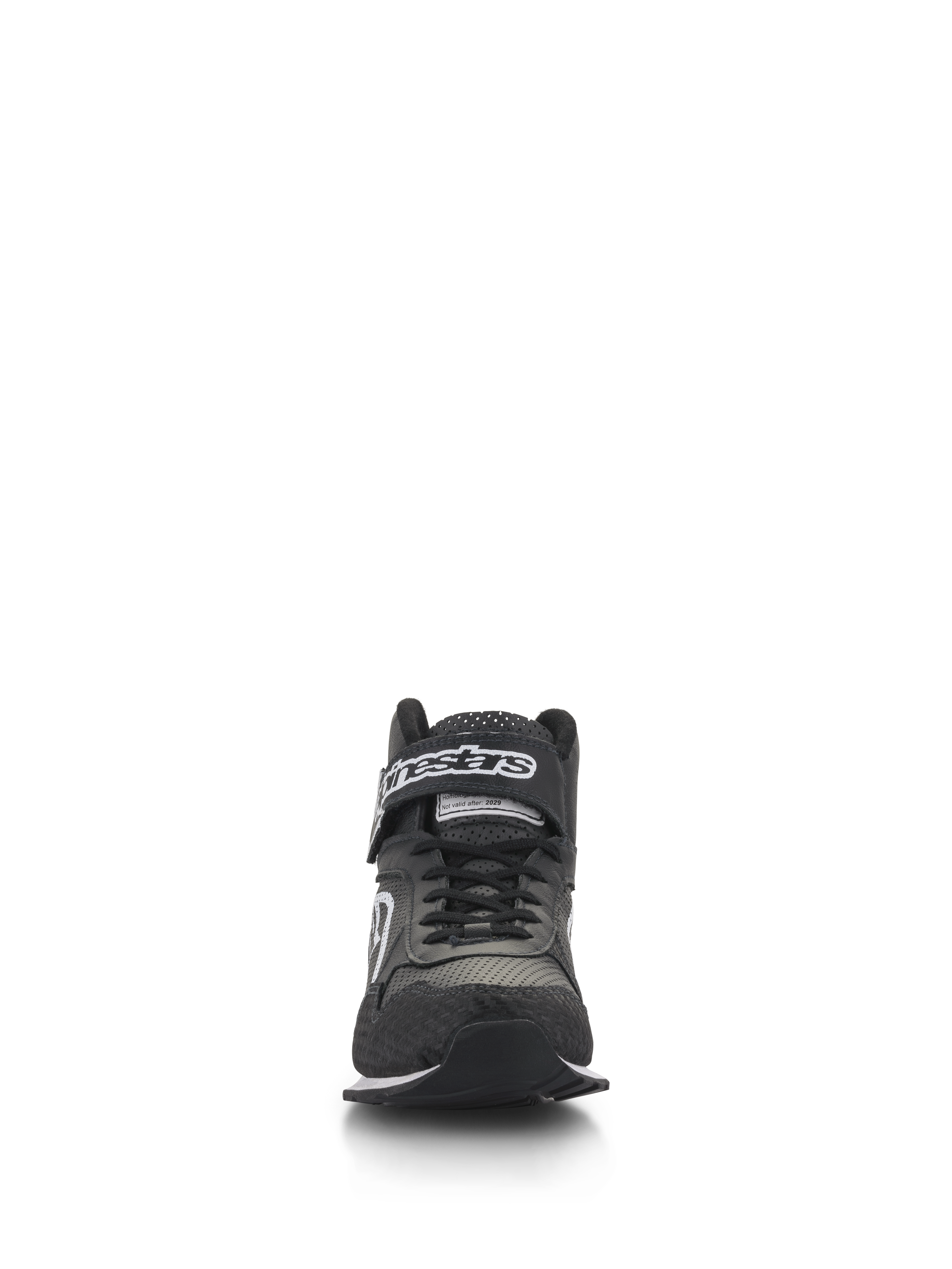 Alpinestars Radar Shoes, Auto Racing Pit Crew Shoes, Black and White, front view showing black laces and a hook-and-loop ankle strap with white branding, perforated leather upper with reinforced toe, professional pit crew footwear