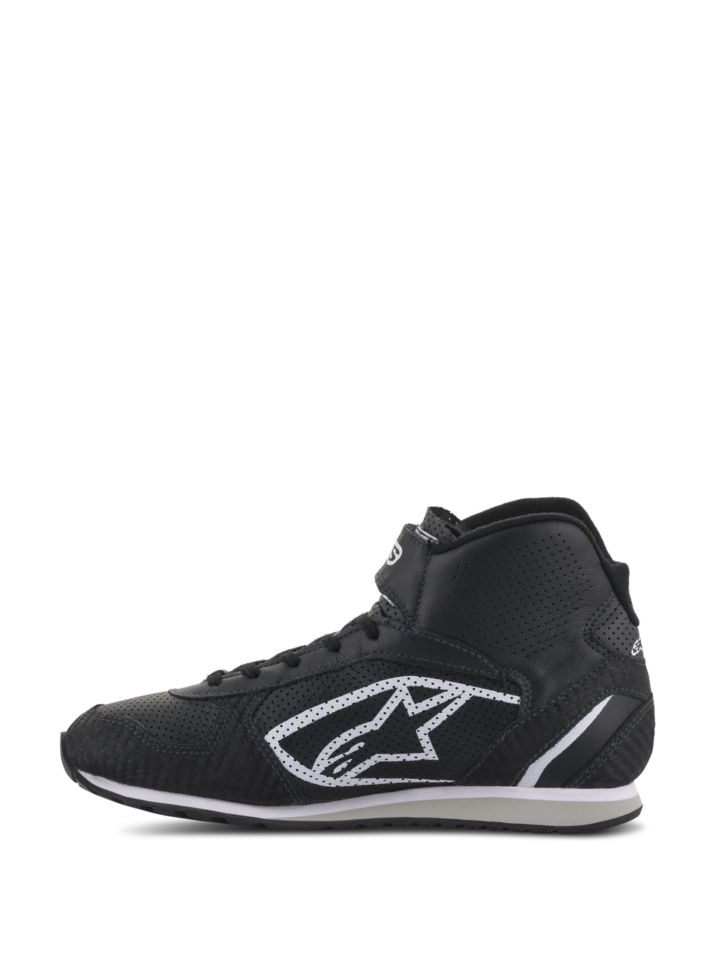 Alpinestars Radar Shoes, Auto Racing Pit Crew Shoes, Black and White, high-top profile featuring a perforated leather upper, iconic white A-star logo on the side, and adjustable hook-and-loop ankle strap.