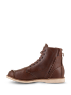 Alpinestars Oscar Monty V2 Shoes, Brown leather motorcycle riding shoes, medial side view featuring a side zipper and laces, moc toe design with a light-colored wedge outsole, heritage-inspired protective footwear