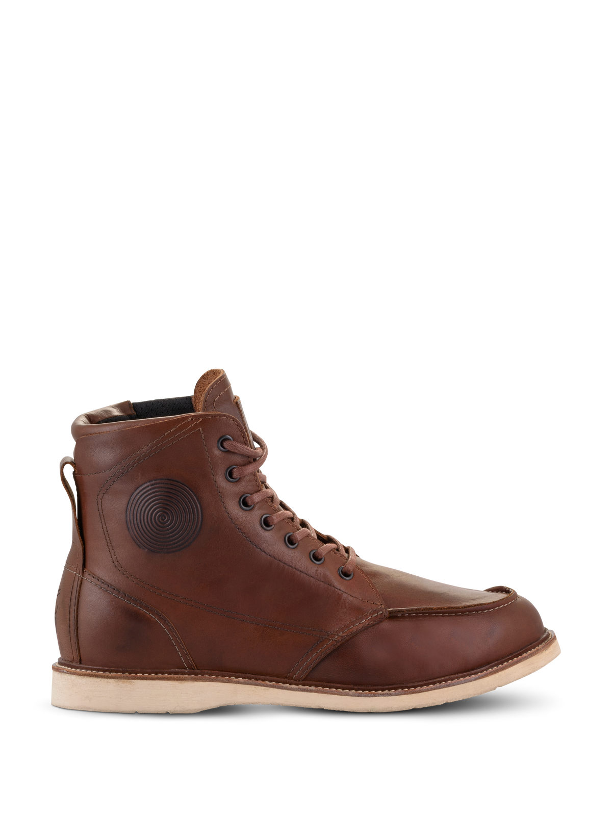 Alpinestars Oscar Monty V2 Shoes, Brown Leather Motorcycle Boots, White Wedge Sole, Moc Toe, Circular Embossed Ankle Detail, Heritage Urban Riding Footwear