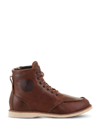 Alpinestars Oscar Monty V2 Shoes, Brown Leather Motorcycle Boots, White Wedge Sole, Moc Toe, Circular Embossed Ankle Detail, Heritage Urban Riding Footwear