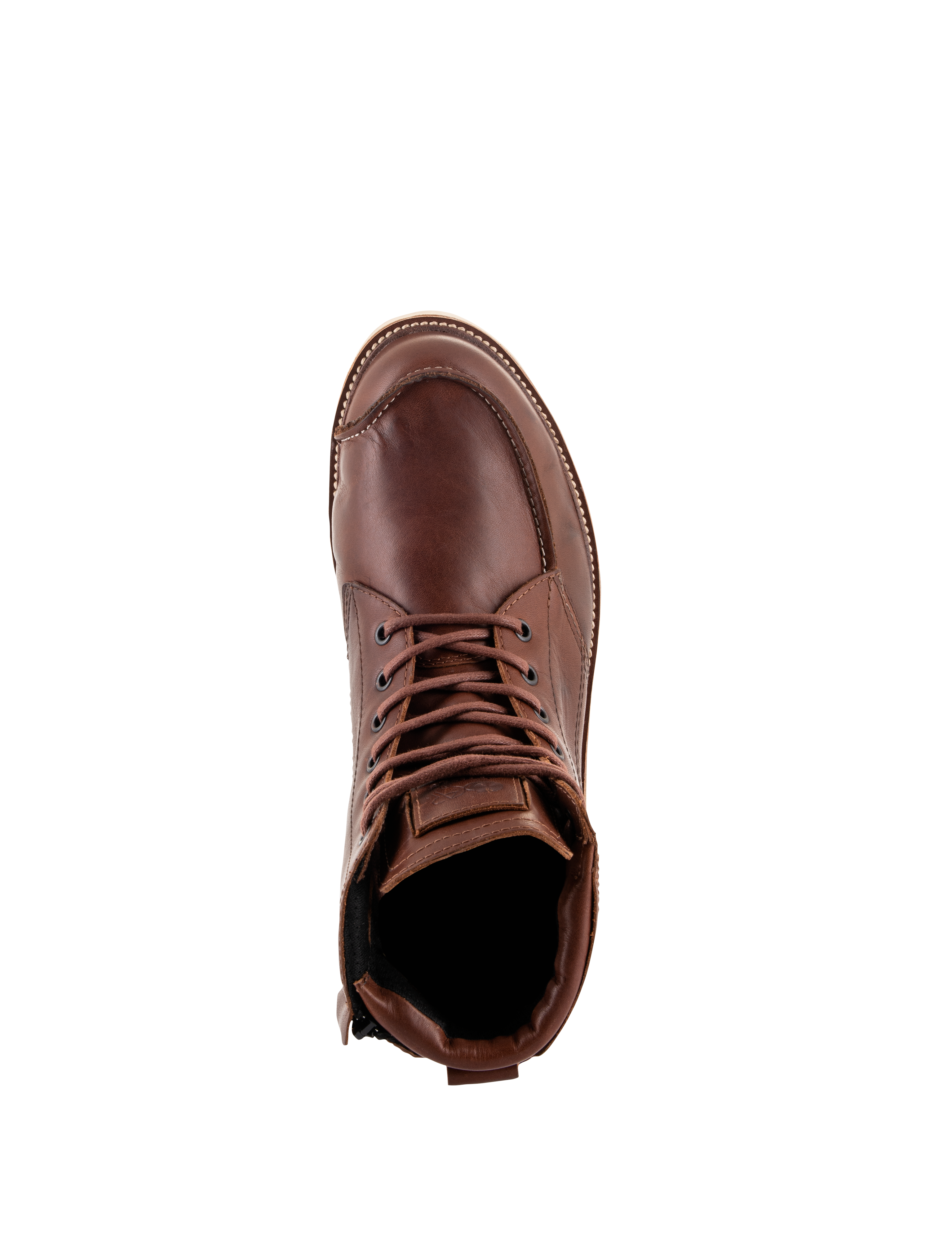 Alpinestars Oscar Monty V2 Shoes, Brown Motorcycle Riding Shoes, top-down view showing full-grain leather construction, moc toe stitching, and brown laces, heritage-inspired urban footwear