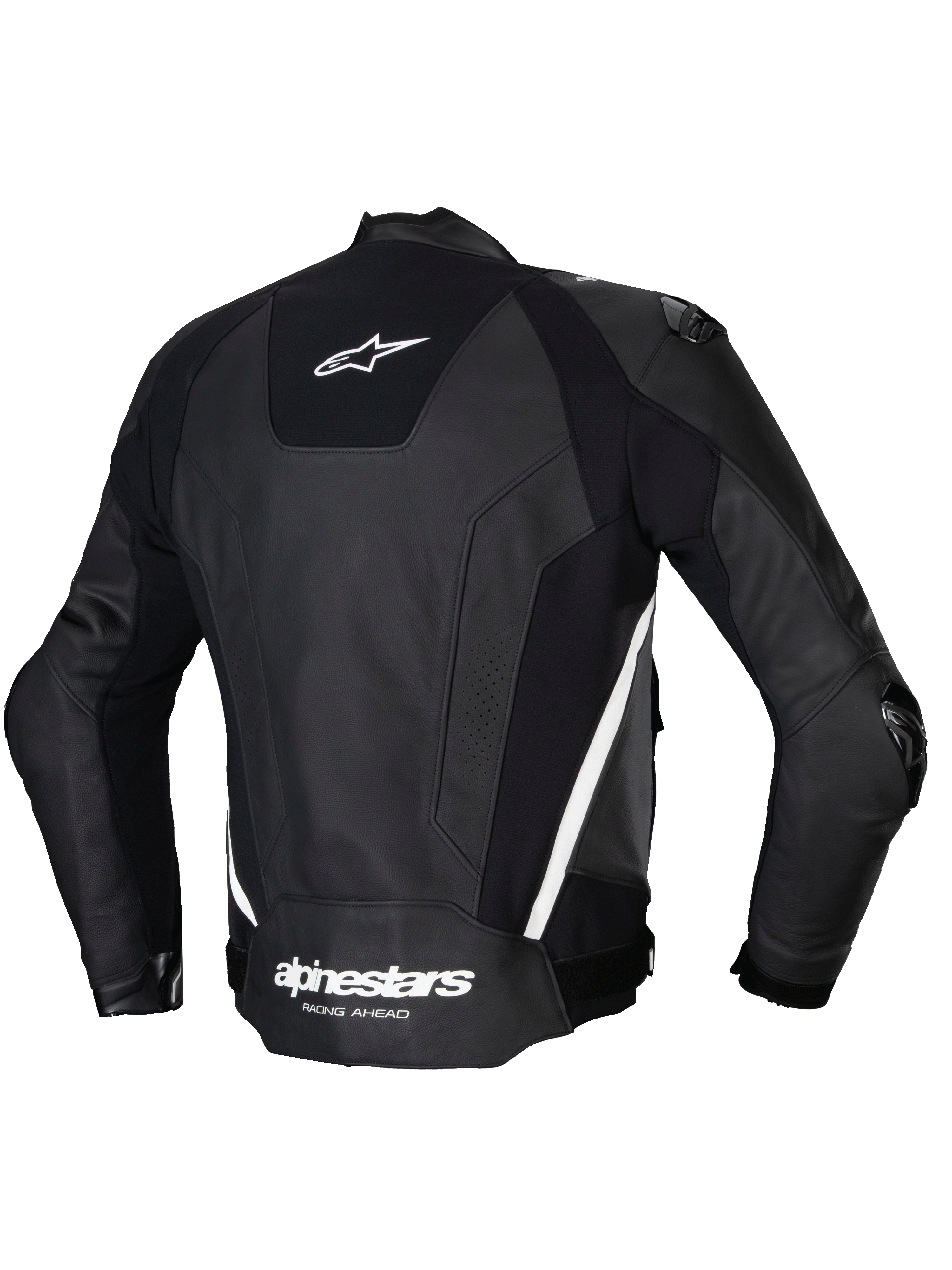 Alpinestars Missile V3 Leather Jacket, men's racing sport motorcycle jacket, back view in Black and White, featuring premium bovine leather construction, stretch panels, and external shoulder protection