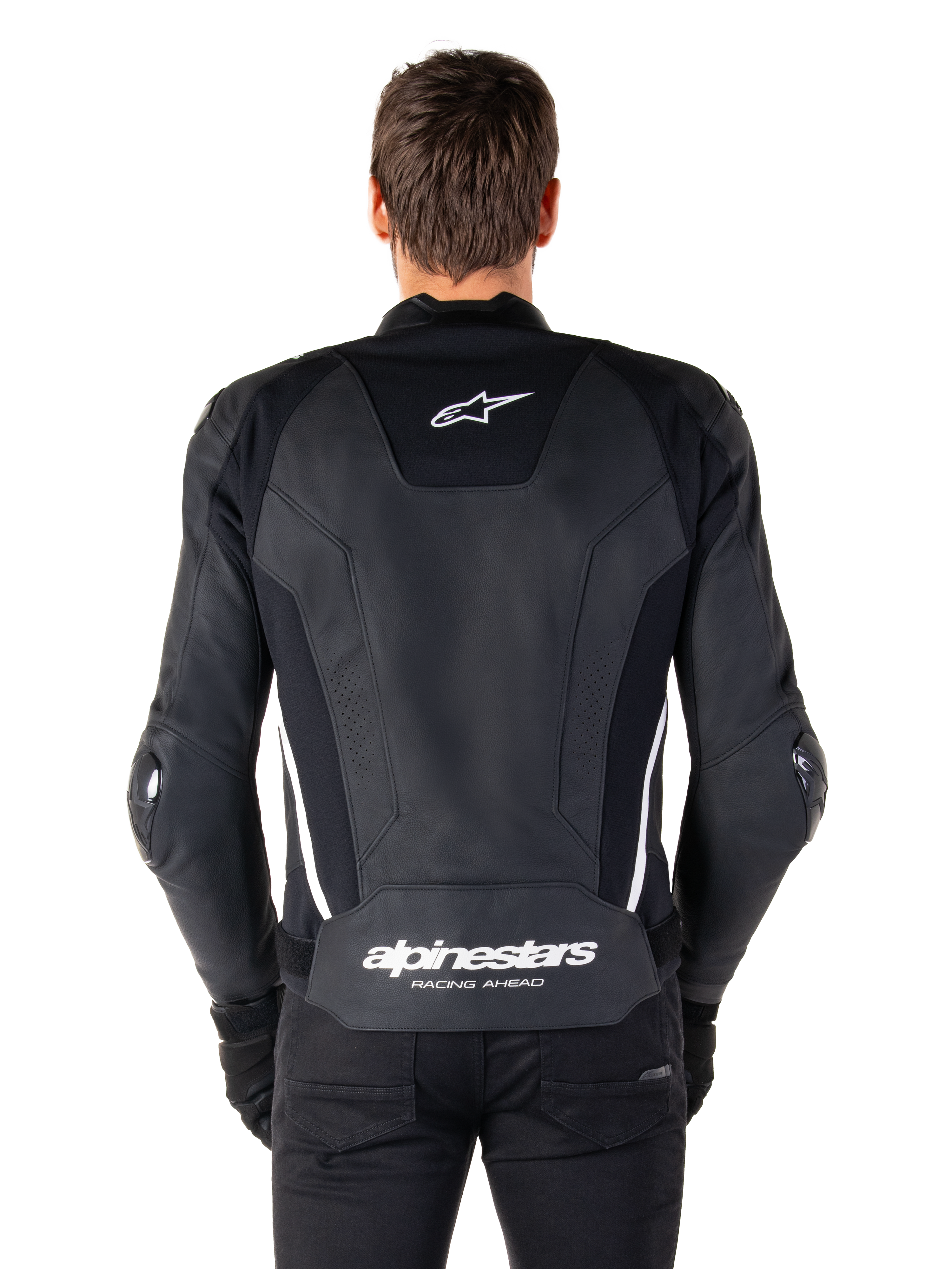 Rear view of the Alpinestars Missile V3 Leather Jacket in Black and White, featuring the Alpinestars star logo on the upper back and branding on the lower lumbar, white vertical stripes, and external elbow sliders, premium leather racing sport jacket.