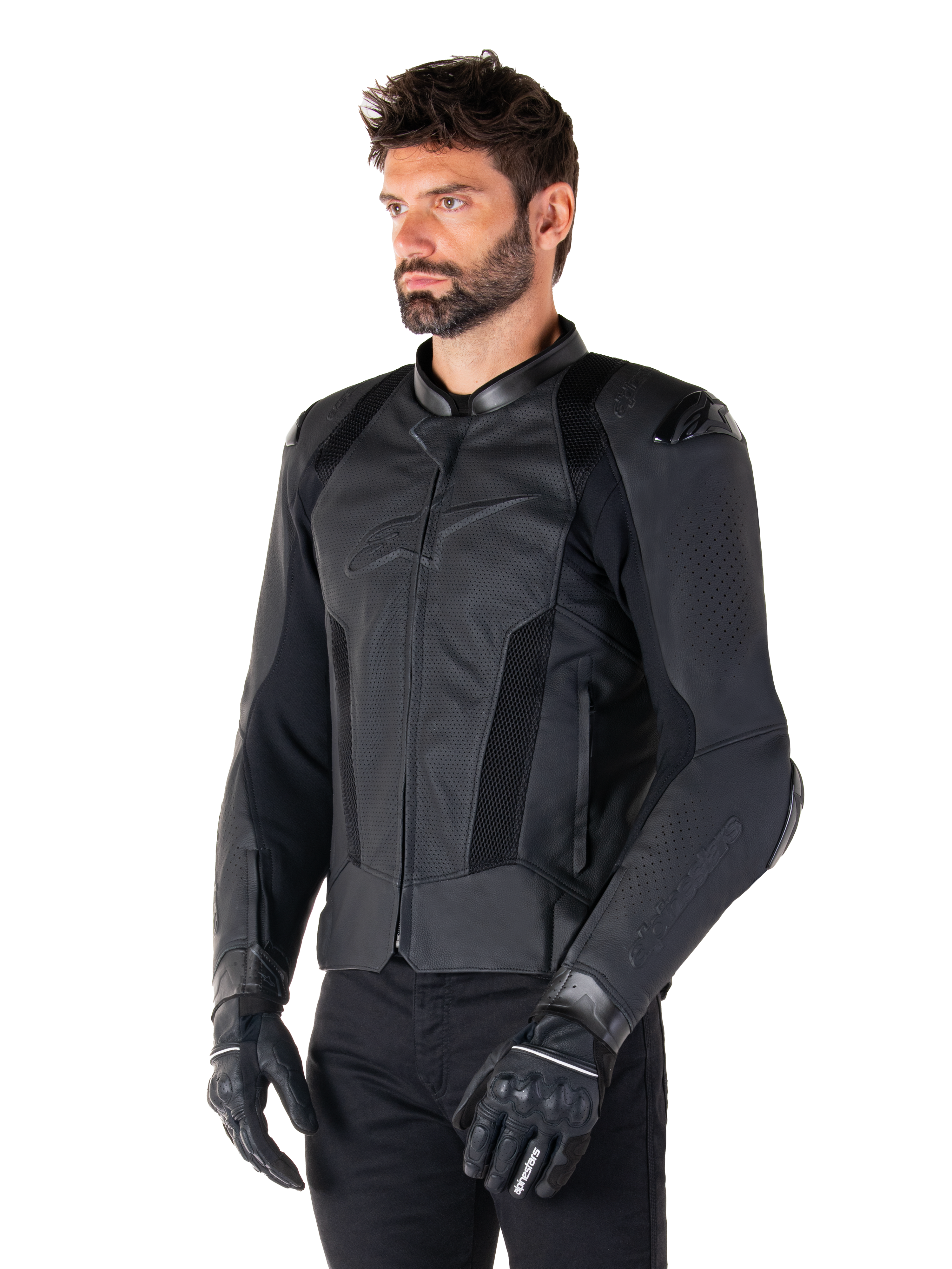 Alpinestars Missile V3 Airflow Leather Jacket, Black Black, worn by a man with black motorcycle gloves and pants, featuring extensive perforated leather panels, DFS shoulder protectors, and a sleek race-fit design.