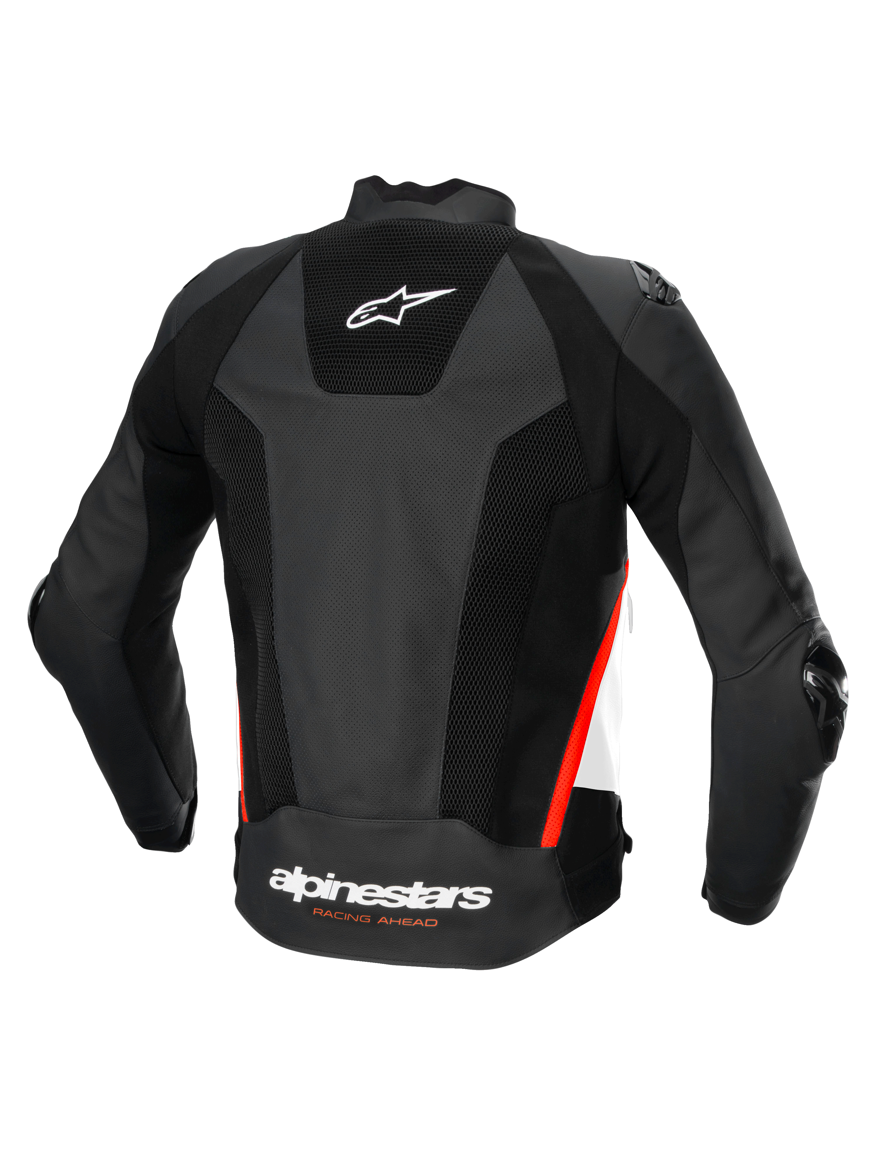 Alpinestars Missile V3 Airflow Leather Jacket, Men's Racing and Sport Motorcycle Jacket, Back View, Black with White and Red Fluo Accents, Perforated Leather Construction with CE Certified Protection