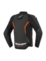 Alpinestars GP Force V2 Leather Jacket, Leather Motorcycle Jacket, Black and Red Fluo, back view featuring white Alpinestars logos and orange Racing Ahead text, fluo red angular accents, multi-panel construction with pre-curved sleeves