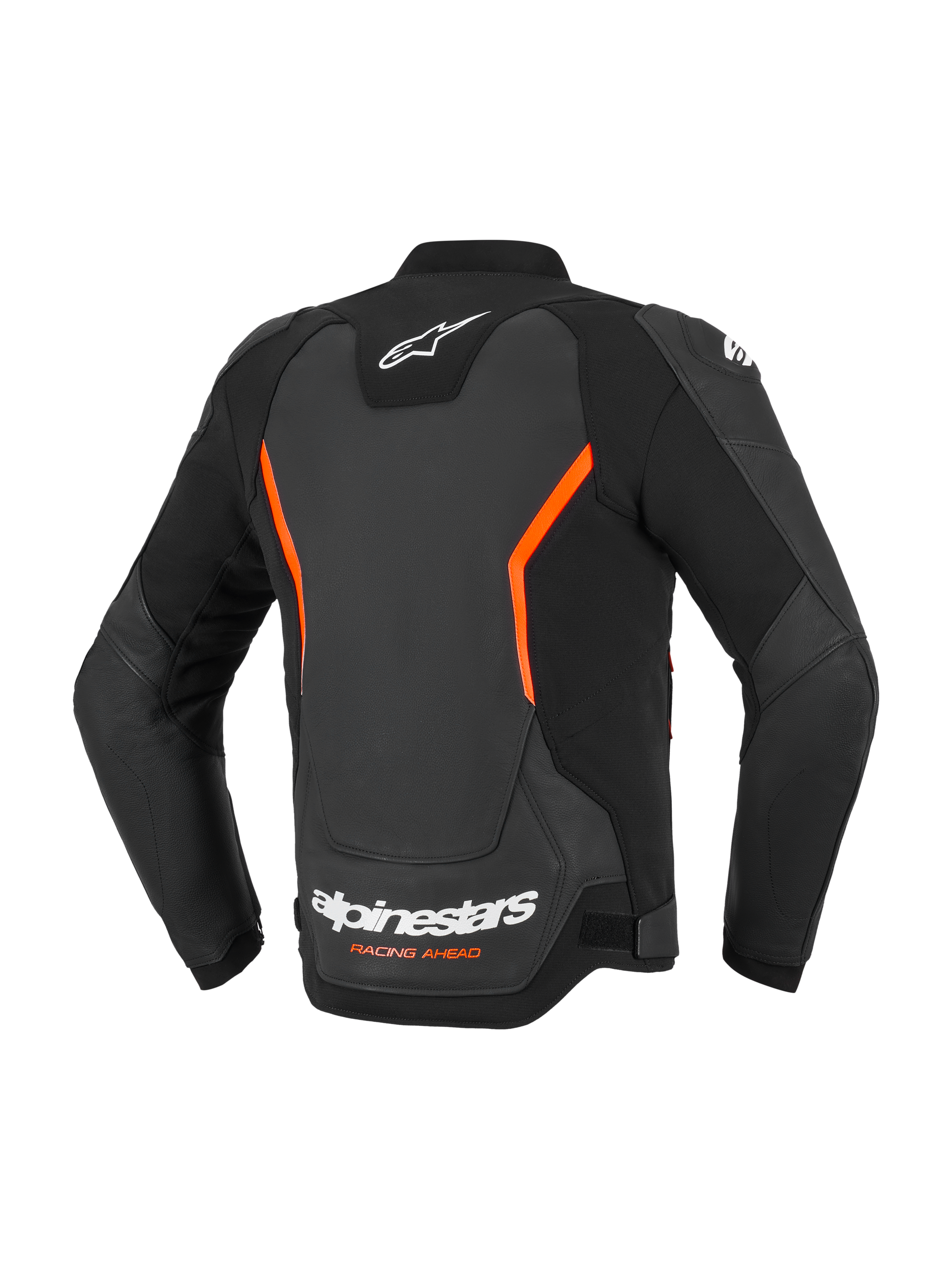Alpinestars GP Force V2 Leather Jacket, Leather Motorcycle Jacket, Black and Red Fluo, back view featuring white Alpinestars logos and orange Racing Ahead text, fluo red angular accents, multi-panel construction with pre-curved sleeves