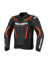 Alpinestars GP Force V2 Leather Jacket, Motorcycle Sport Jacket, Black and Red Fluo, featuring white Alpinestars branding and vibrant orange-red accents, professional leather construction with a sport-fit design