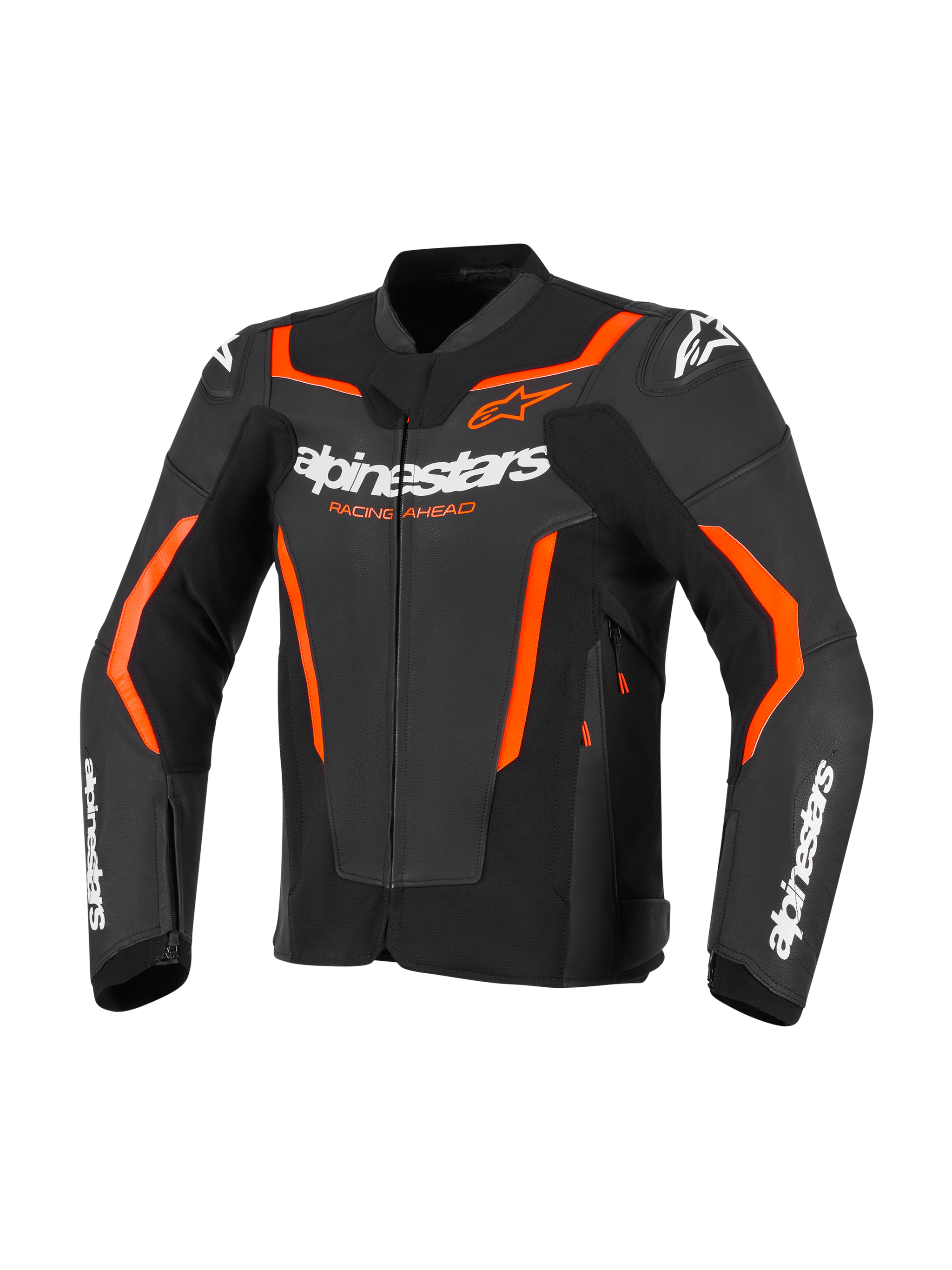 Alpinestars GP Force V2 Leather Jacket, Motorcycle Sport Jacket, Black and Red Fluo, featuring white Alpinestars branding and vibrant orange-red accents, professional leather construction with a sport-fit design