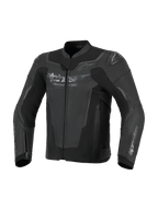Alpinestars GP Force V2 Leather Jacket, Black, premium bovine leather construction with high-stretch panels, featuring integrated GP Lite Evo DFS shoulder protectors and Alpinestars logos on the chest and sleeves, sport motorcycle riding gear