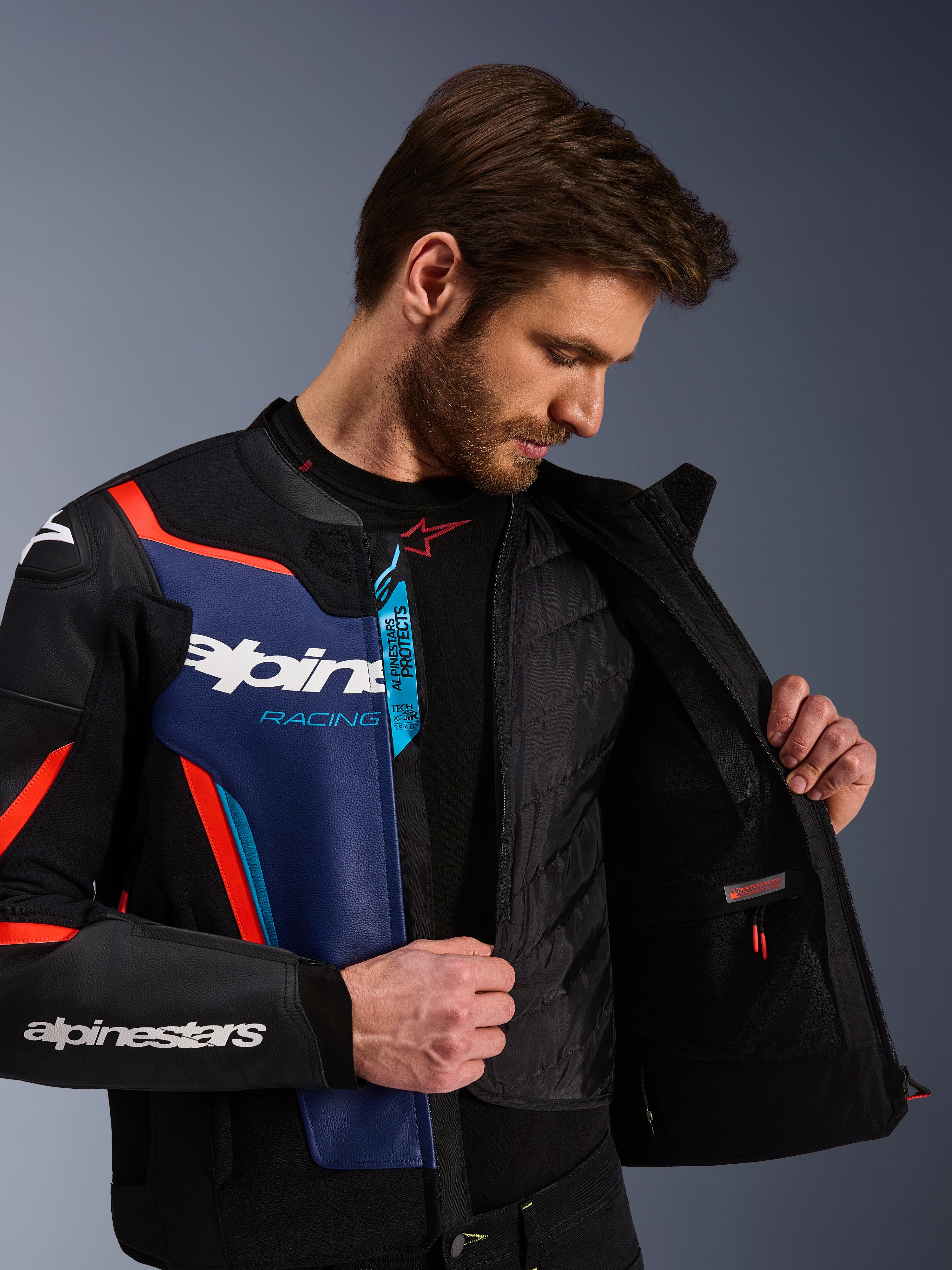 GP Force V2 Leather - Blue Motorcycle Jacket | Alpinestars®