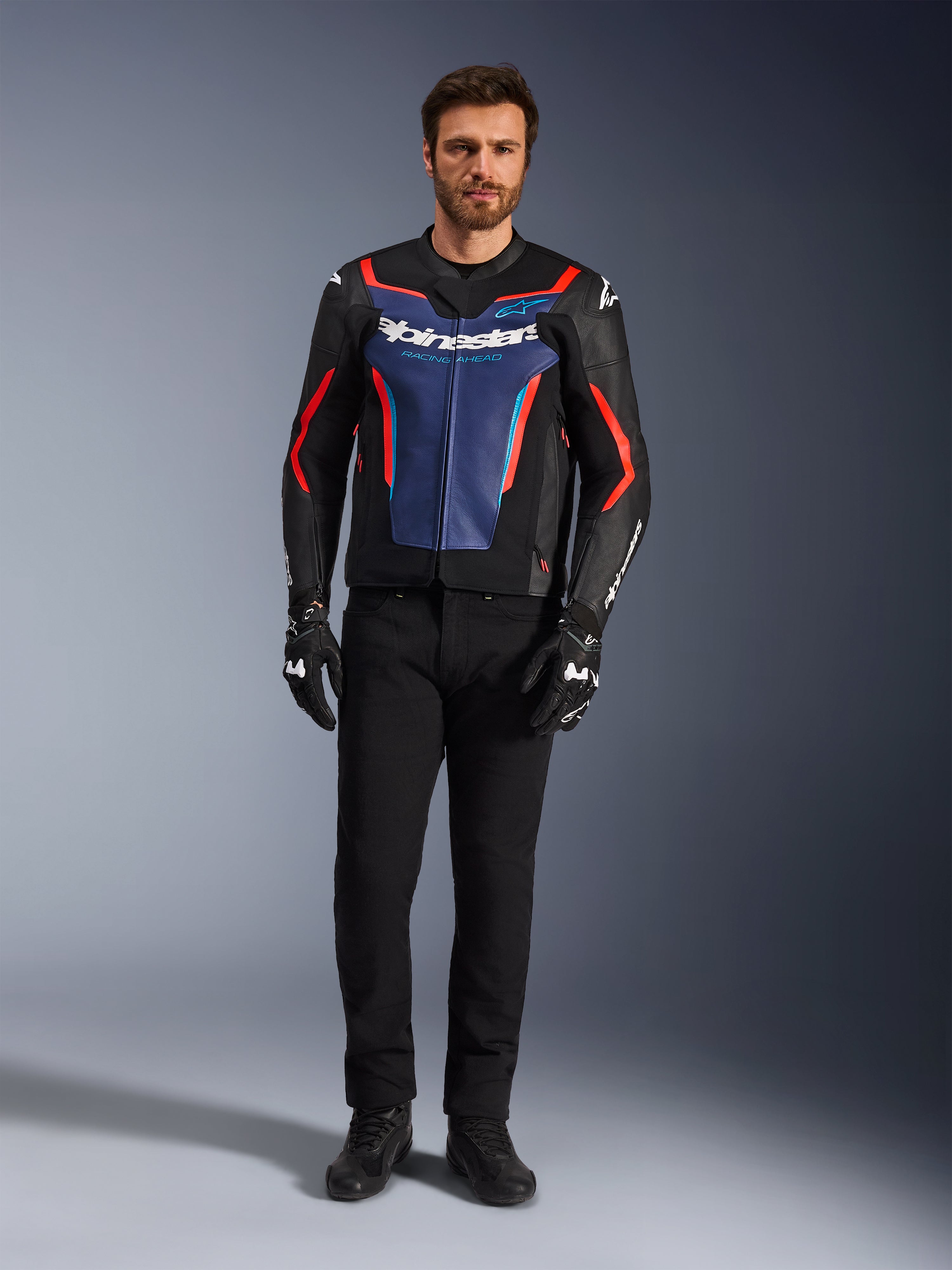 GP Force V2 Leather - Blue Motorcycle Jacket | Alpinestars®