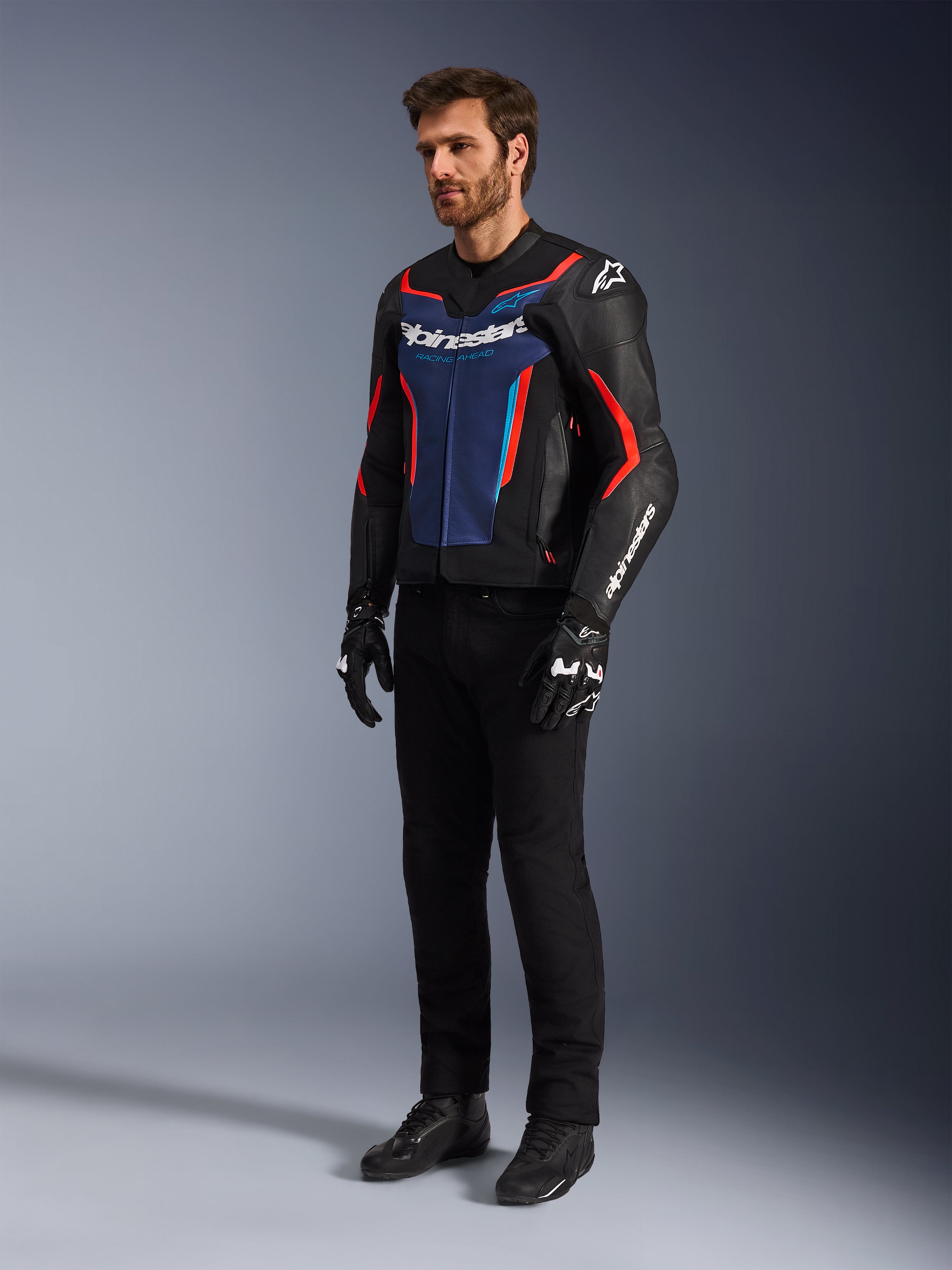 GP Force V2 Leather - Blue Motorcycle Jacket | Alpinestars®