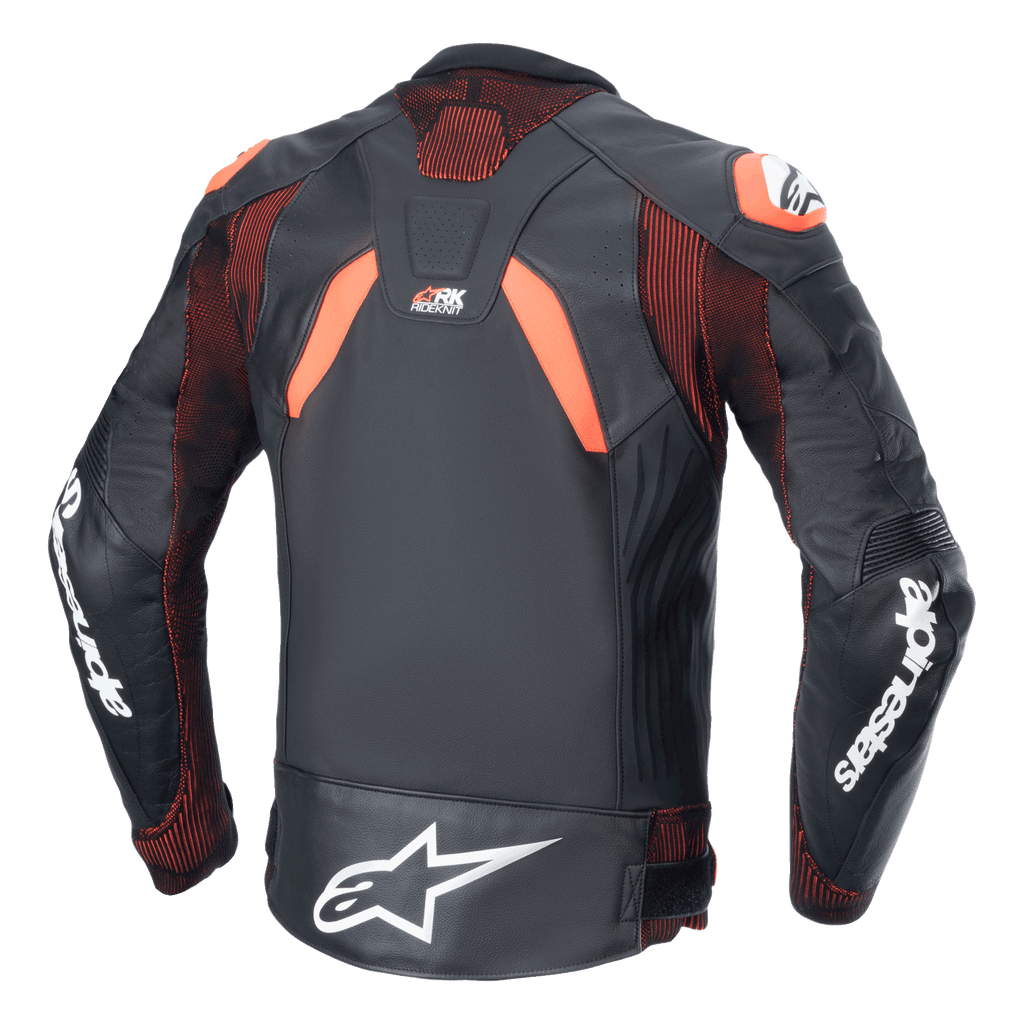 Alpinestars GP Plus R V4 Rideknit Leather Jacket, Black Red Fluo White, back view, featuring RIDEKNIT® technical stretch panels and premium leather construction, white Alpinestars branding on the sleeves and lower back