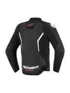 Alpinestars GP Force V2 Air Leather Jacket, Rear View, Black and White, featuring extensive perforated back panel for ventilation, red Alpinestars logo on upper back, white branding on lower back, premium bovine leather construction for sport riding
