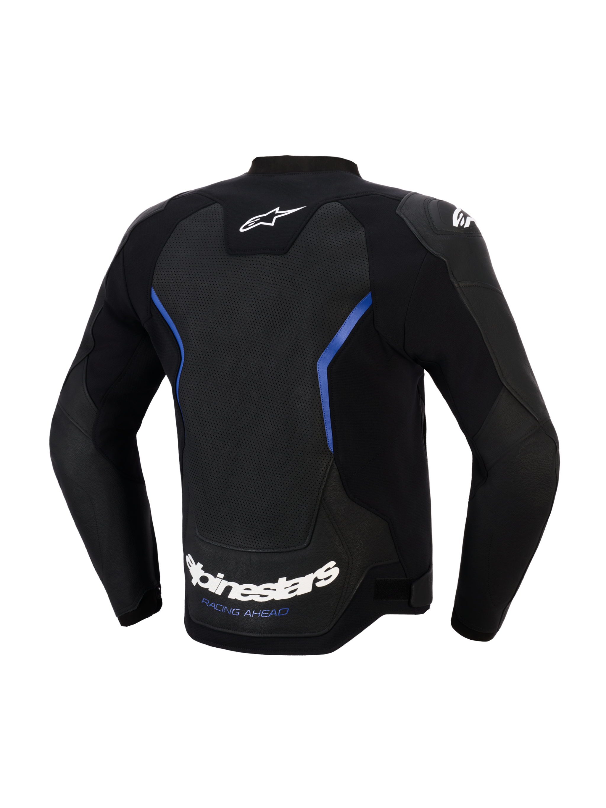 Alpinestars GP Force V2 Airflow Leather Jacket, Back view, Black and Metallic Blue, large perforated leather back panel for ventilation, white Alpinestars wordmark and 'RACING AHEAD' slogan at the lower hem, professional sport riding gear