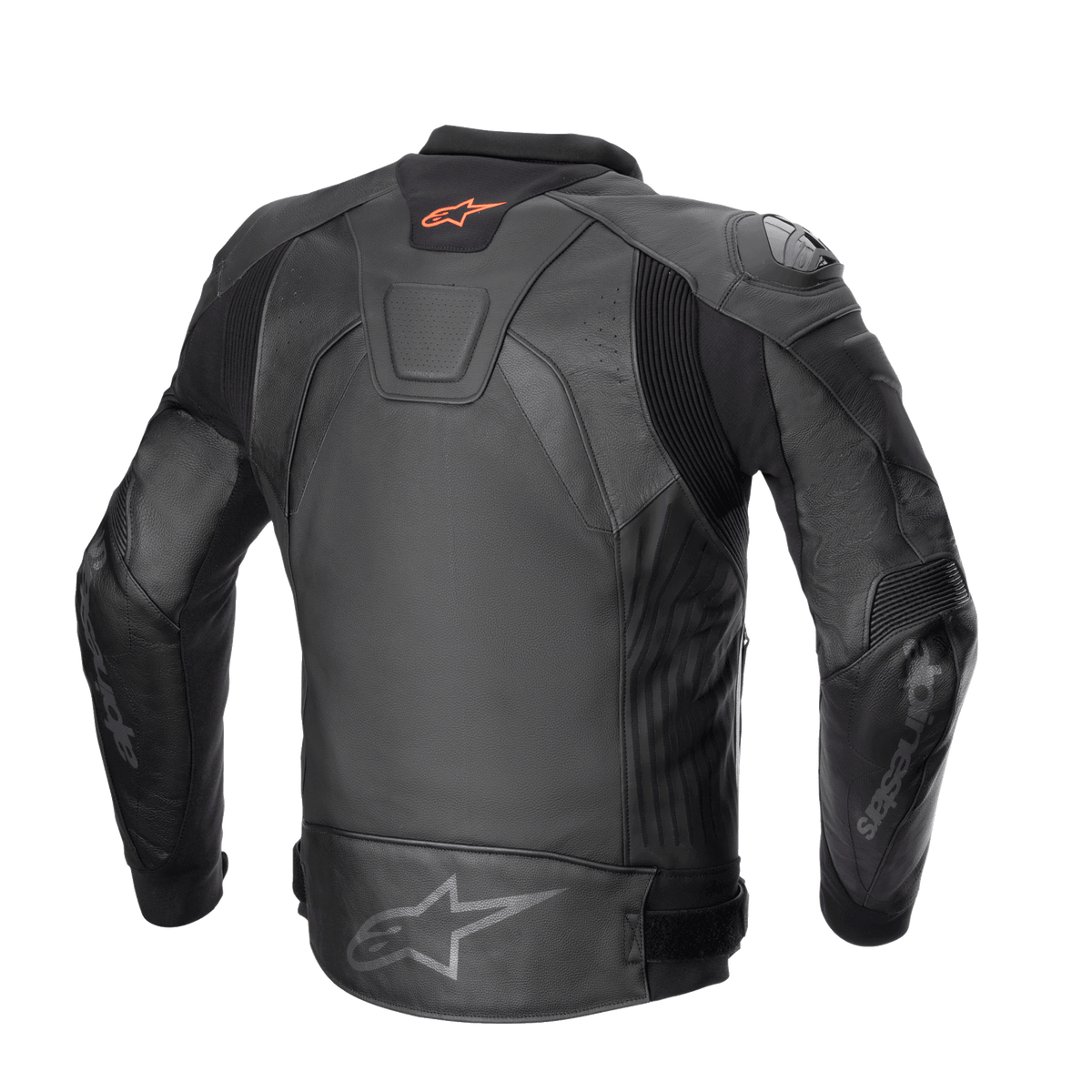 Alpinestars GP Plus V4 Leather Jacket, Sport Motorcycle Jacket, Black/Black, rear view featuring red Astar logo on neck, grey Astar logo on lower back, bovine leather construction with A-CS™ Plus stretch panels