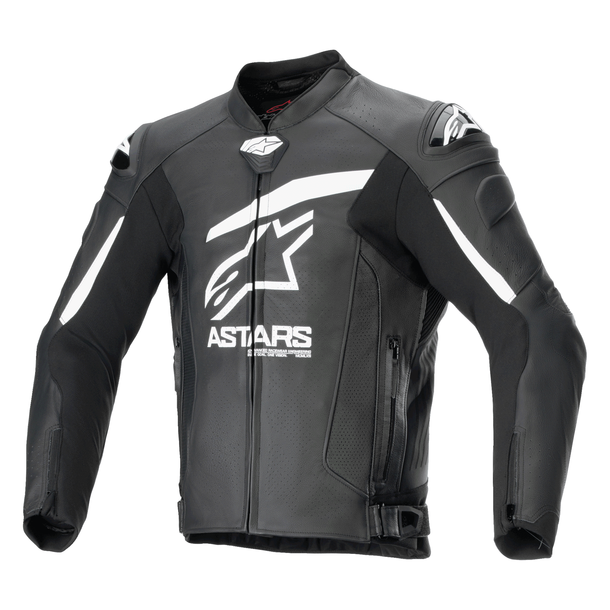 Alpinestars GP Plus R V4 Airflow Leather Jacket, Black and White, front view showing large white Astars logo and text on the chest, perforated leather panels for airflow, DFS shoulder sliders, zippered pockets, and adjustable waist straps, premium leather motorcycle racing gear