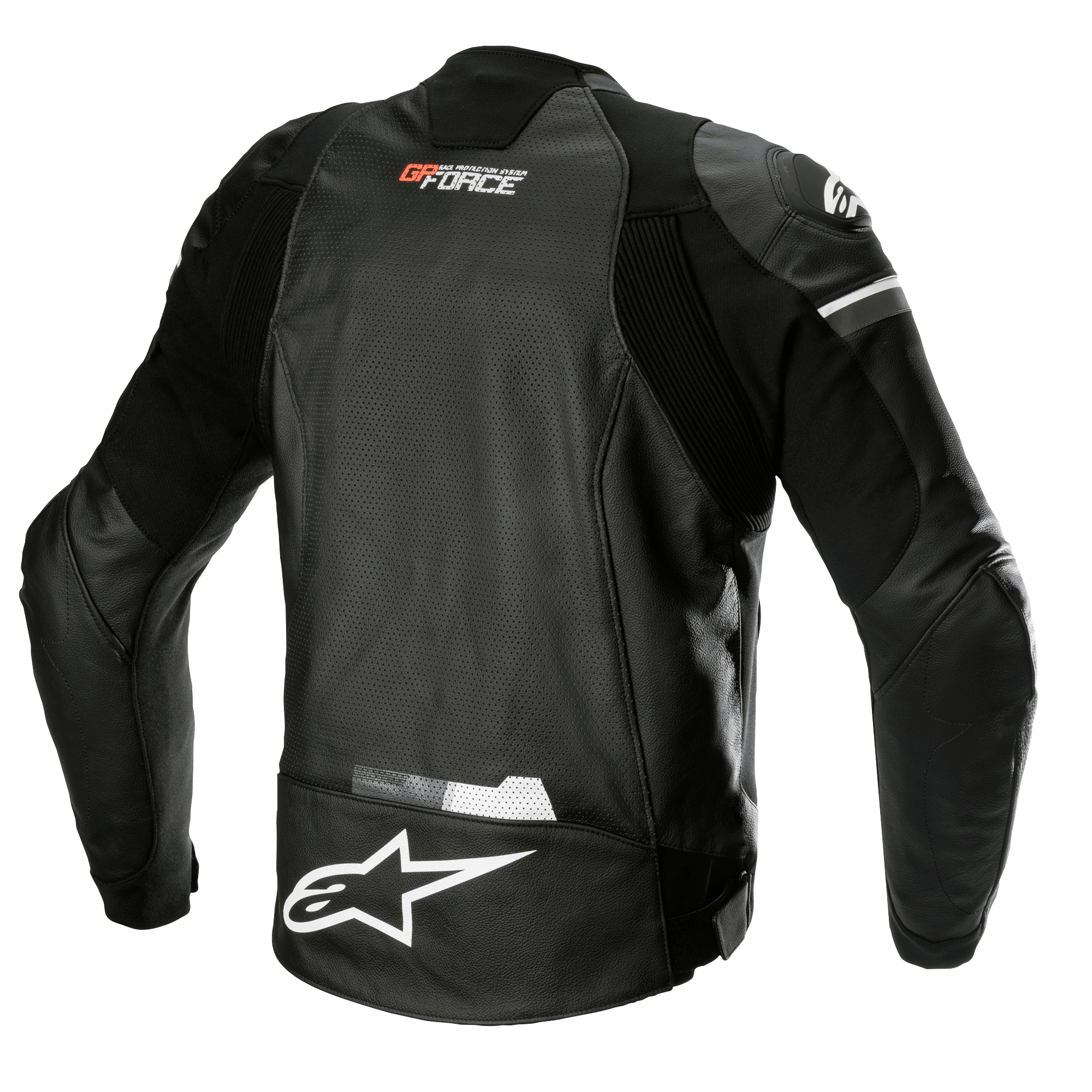 Alpinestars GP Force Airflow Leather Jacket, Black, back view featuring perforated buffalo leather for ventilation, GP Force branding on the neck, large white Alpinestars star logo on the lower back, and integrated stretch panels for a sport riding fit