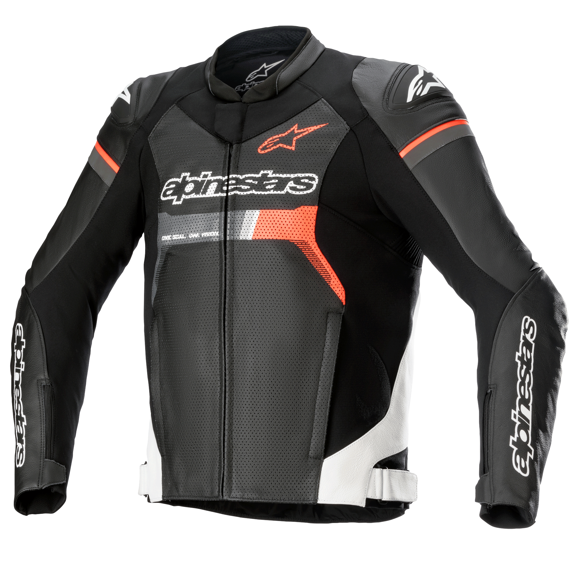 Alpinestars GP Force Airflow Leather Jacket, Black with White and Red Fluo accents, perforated leather motorcycle racing jacket, featuring DFS Lite shoulder protectors, Alpinestars branding on chest and sleeves, ventilated sport design