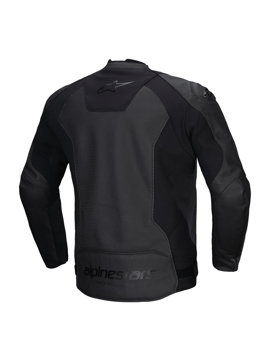 Alpinestars Faster V3 Airflow Leather Jacket, men's sport motorcycle riding jacket, black, CE certified with perforated leather and stretch panels, rear view showing stretch inserts and branding