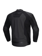 Alpinestars Faster V3 Airflow Leather Jacket, men's sport motorcycle riding jacket, black, CE certified with perforated leather and stretch panels, rear view showing stretch inserts and branding