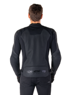 Alpinestars Faster V3 Airflow Leather Jacket, Back view on model, Black Black, featuring perforated leather back panel for airflow, subtle branding, and ergonomic sport fit design