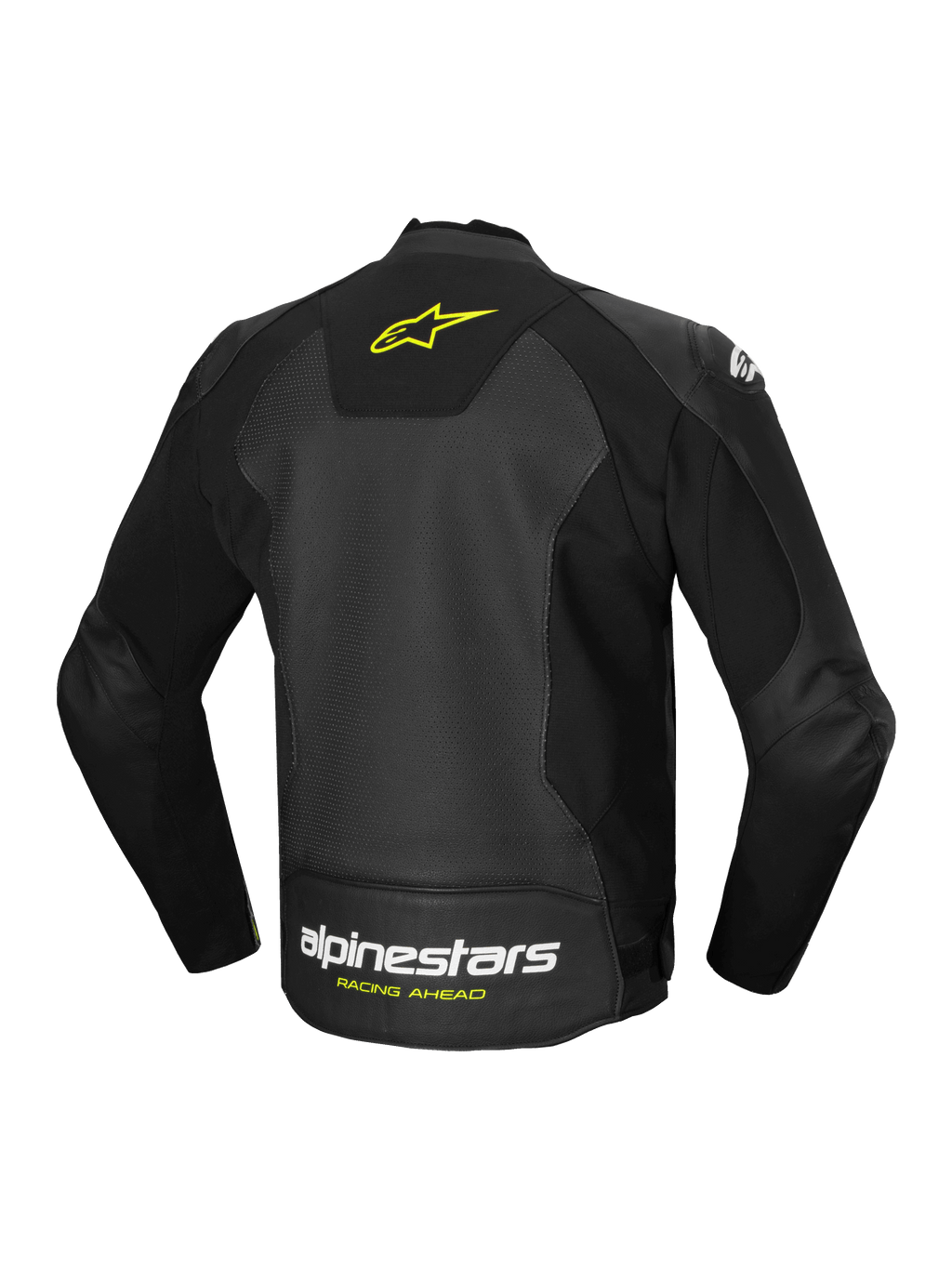 Alpinestars Faster V3 Airflow Leather Jacket, men's sport motorcycle riding jacket, black and yellow, perforated leather construction with stretch panels and rear logo branding