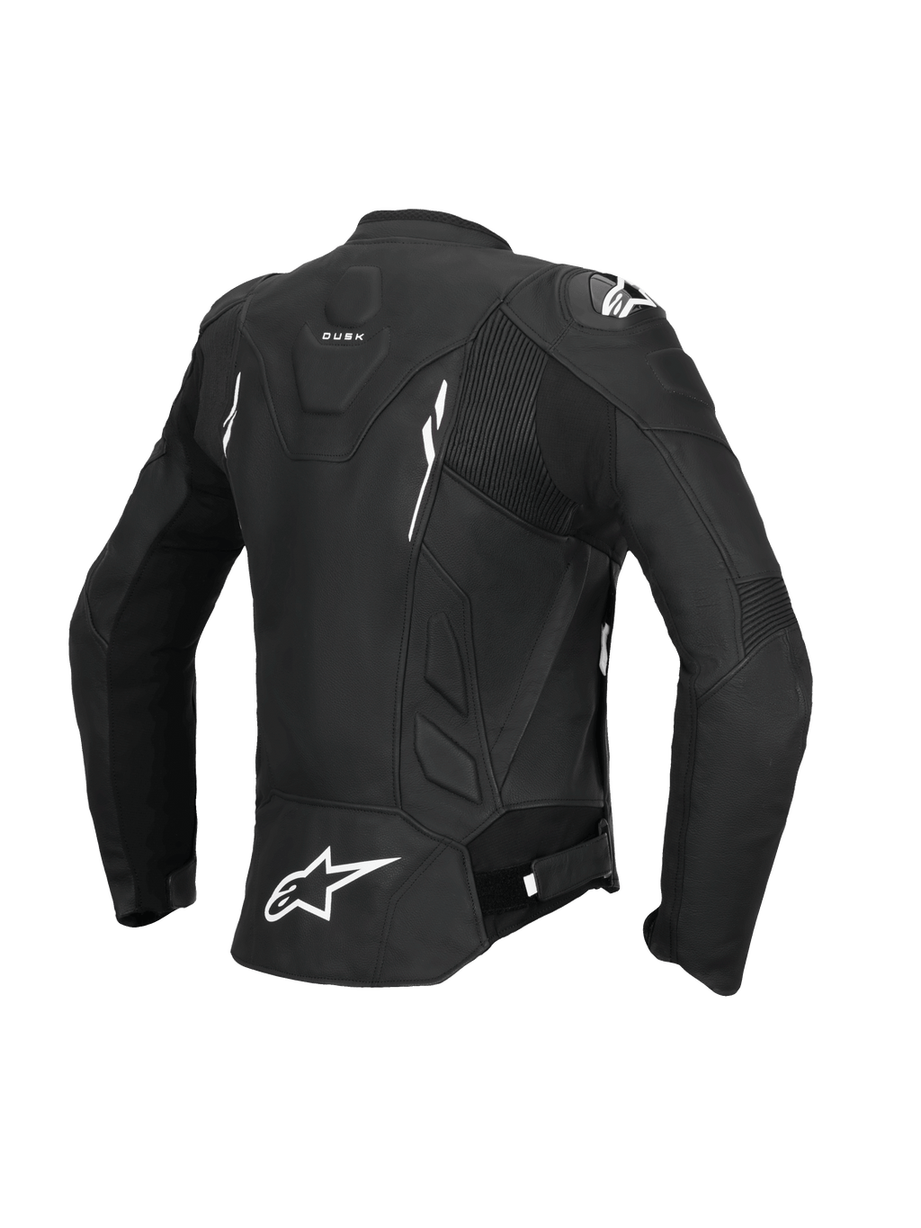 Alpinestars Stella Dusk Leather Jacket, Women's Motorcycle Racing and Sport Leather Jacket, Back view in Black and White, CE Certified AA Class with accordion stretch panels