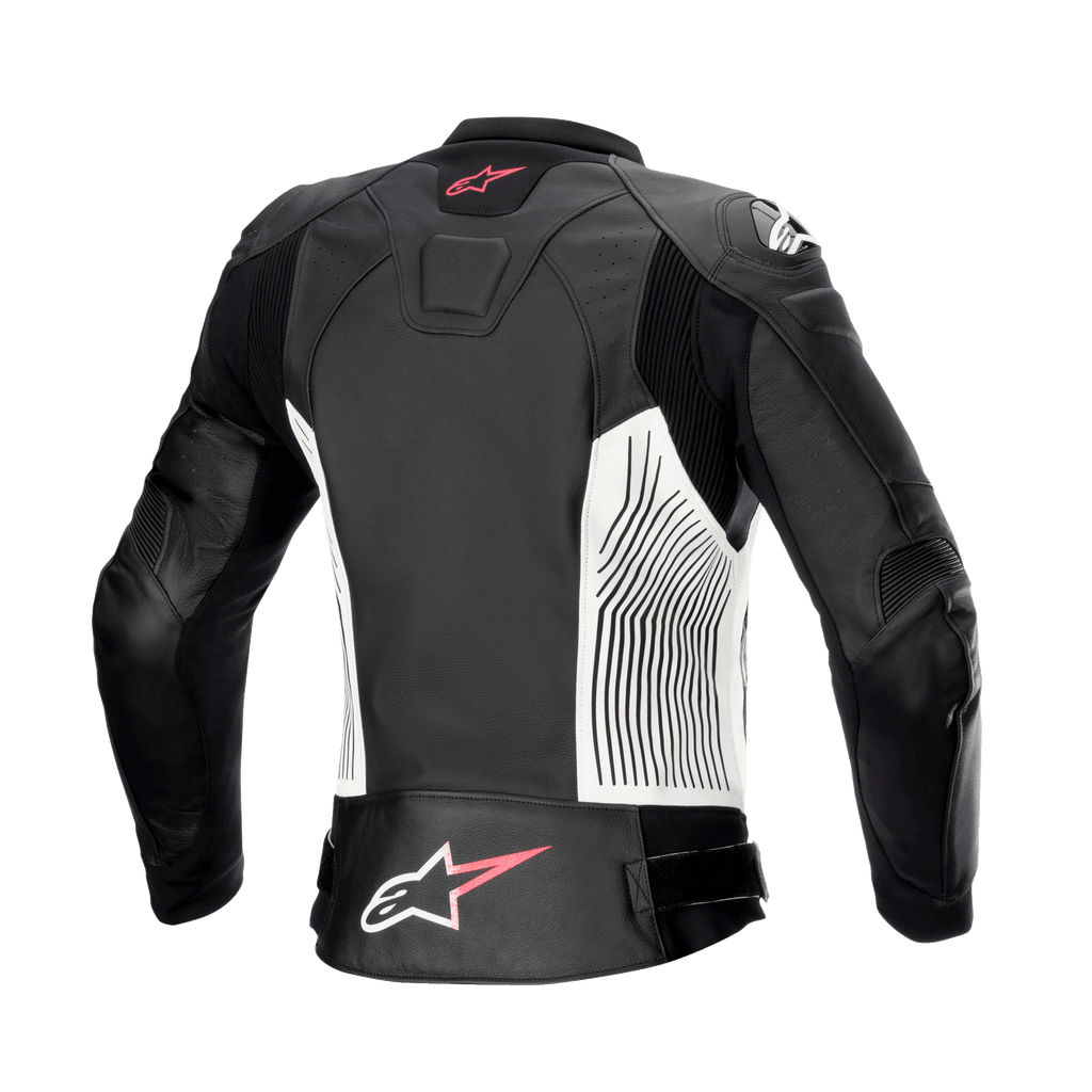 Alpinestars Women Stella GP Plus V4 Leather Jacket, Black White and Diva Pink, rear view, featuring white side panels with black graphic lines, pink and white Alpinestars logos on the upper and lower back, and leather accordion stretch panels for enhanced mobility.