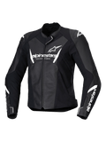 Alpinestars Stella Faster V3 Leather Jacket, Women's Motorcycle Racing Jacket, Black and White, featuring white Alpinestars branding on the chest and sleeves, premium leather construction with reinforced shoulders, aerodynamic sport design