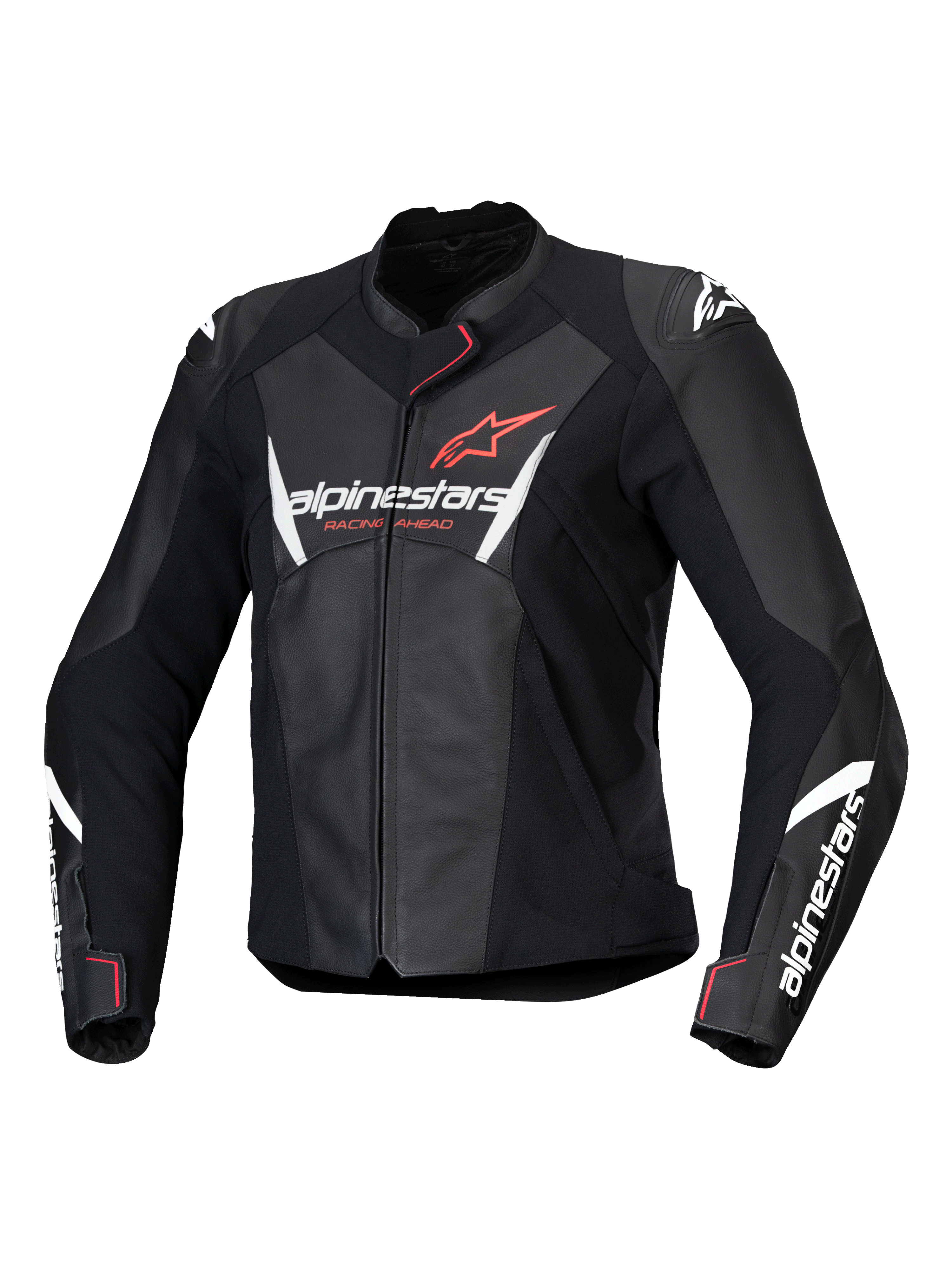 Alpinestars Stella Faster V3 Leather Jacket, Women's Motorcycle Racing Jacket, Black with White and Fluo Coral accents, premium leather construction, featuring Alpinestars branding on the chest and sleeves, sporty racing fit with integrated shoulder protection and front zipper closure.