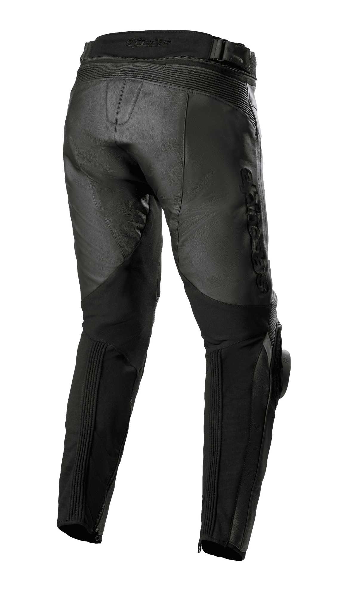 Alpinestars Missile V3 Leather Pants - Short, Black, rear view showing high rear waist construction, accordion leather stretch zones above the knee, and stretch panels on the calf for enhanced mobility, premium bovine leather motorcycle gear for road racing.