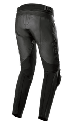 Alpinestars Missile V3 Leather Pants - Long, Black, rear and side view, featuring premium bovine leather construction with accordion stretch panels above the knee, high rear waist, and embossed Alpinestars logo on the thigh, sport and racing motorcycle gear.
