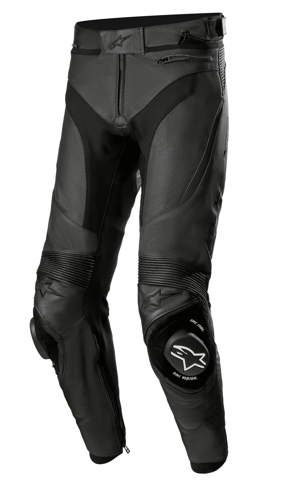 Alpinestars Missile V3 Airflow Leather Pants, Black Motorcycle Racing Pants, premium perforated leather construction for maximum ventilation, reinforced knee sliders with ONE GOAL ONE VISION branding, accordion stretch panels for flexibility, zippered pockets and waist adjustment, sleek black design for sport and track performance