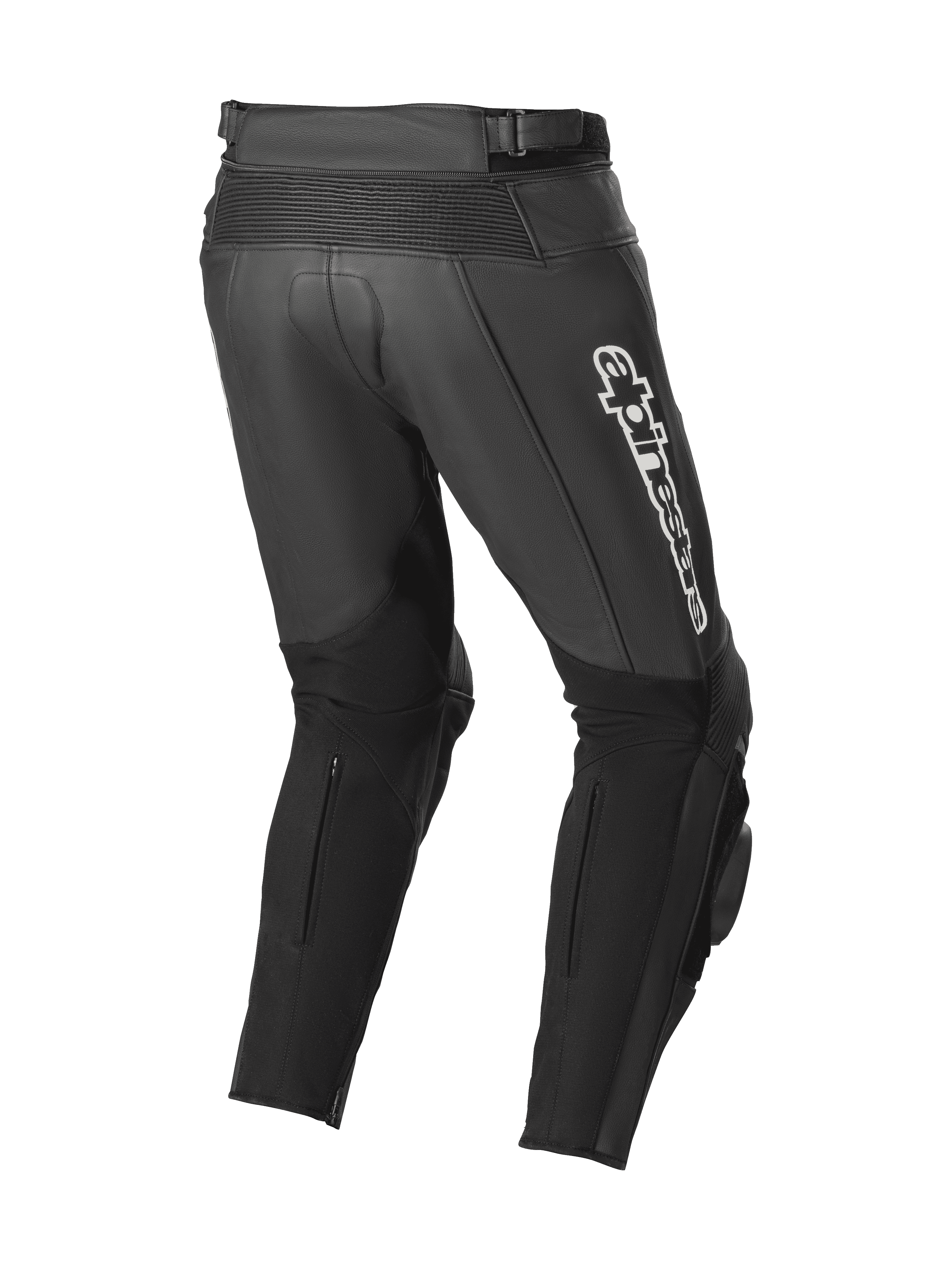 Alpinestars Track V2 Leather Pants, Black, rear view showing accordion leather stretch zones, white Alpinestars branding on the thigh, large stretch panels on calves, and integrated knee sliders for track and street use
