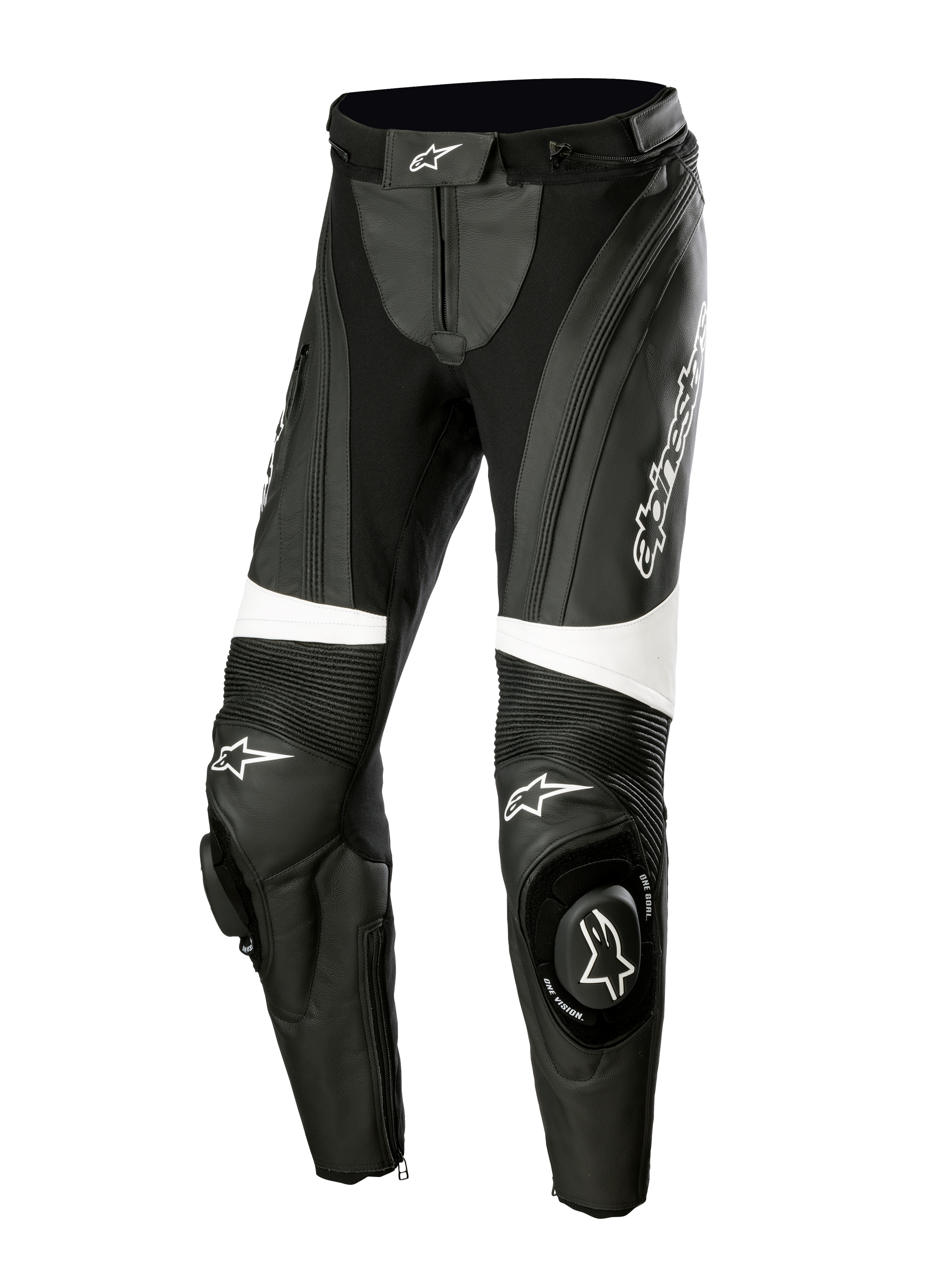 Alpinestars Stella Missile V3 Leather Pants, Women's Motorcycle Racing Pants, Black and White, featuring accordion stretch panels above the knees, integrated knee sliders with Alpinestars logo, white accent bands, and a streamlined fit for sport and track riding.