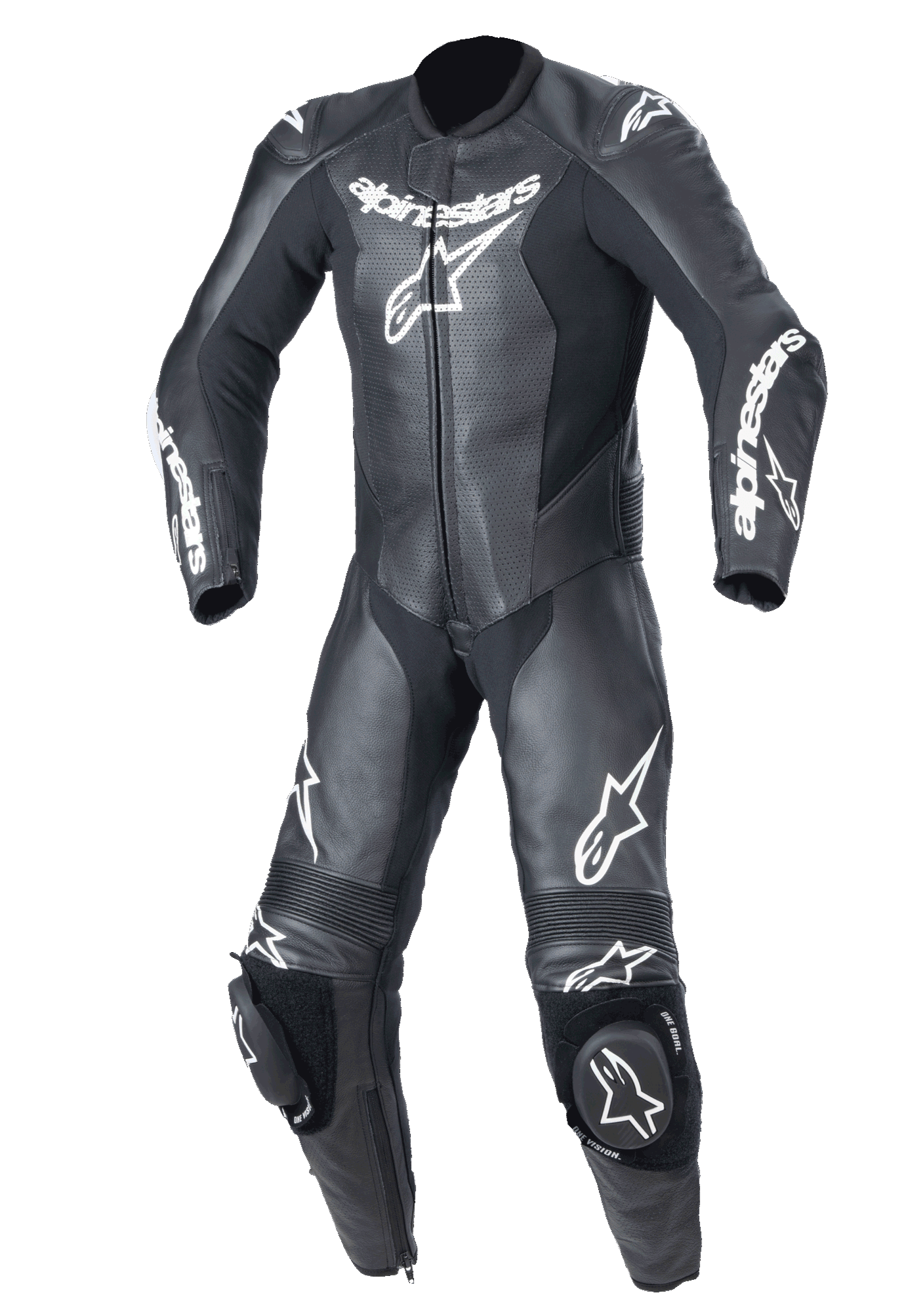 Alpinestars Youth GP Plus V2 1-Piece Leather Suit, Youth Motorcycle Racing Suit, Black with white Alpinestars branding, perforated leather chest panels, integrated knee sliders, accordion stretch panels on knees and shoulders, professional track-ready design for junior riders