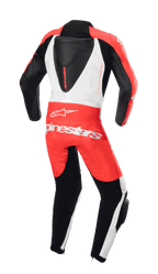 Alpinestars Youth GP Plus V2 1-Piece Leather Suit, Rear View, Red Fluo White and Black, featuring aerodynamic back hump and Alpinestars branding, professional racing design for youth riders