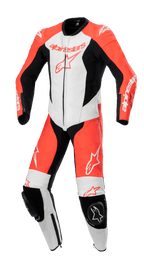 Alpinestars Youth GP Plus V2 1-Piece Leather Suit, Motorcycle Racing Suit, Red Fluo White and Black, featuring perforated ventilation panels, black knee sliders with Astar logo, and aerodynamic racing fit for young riders
