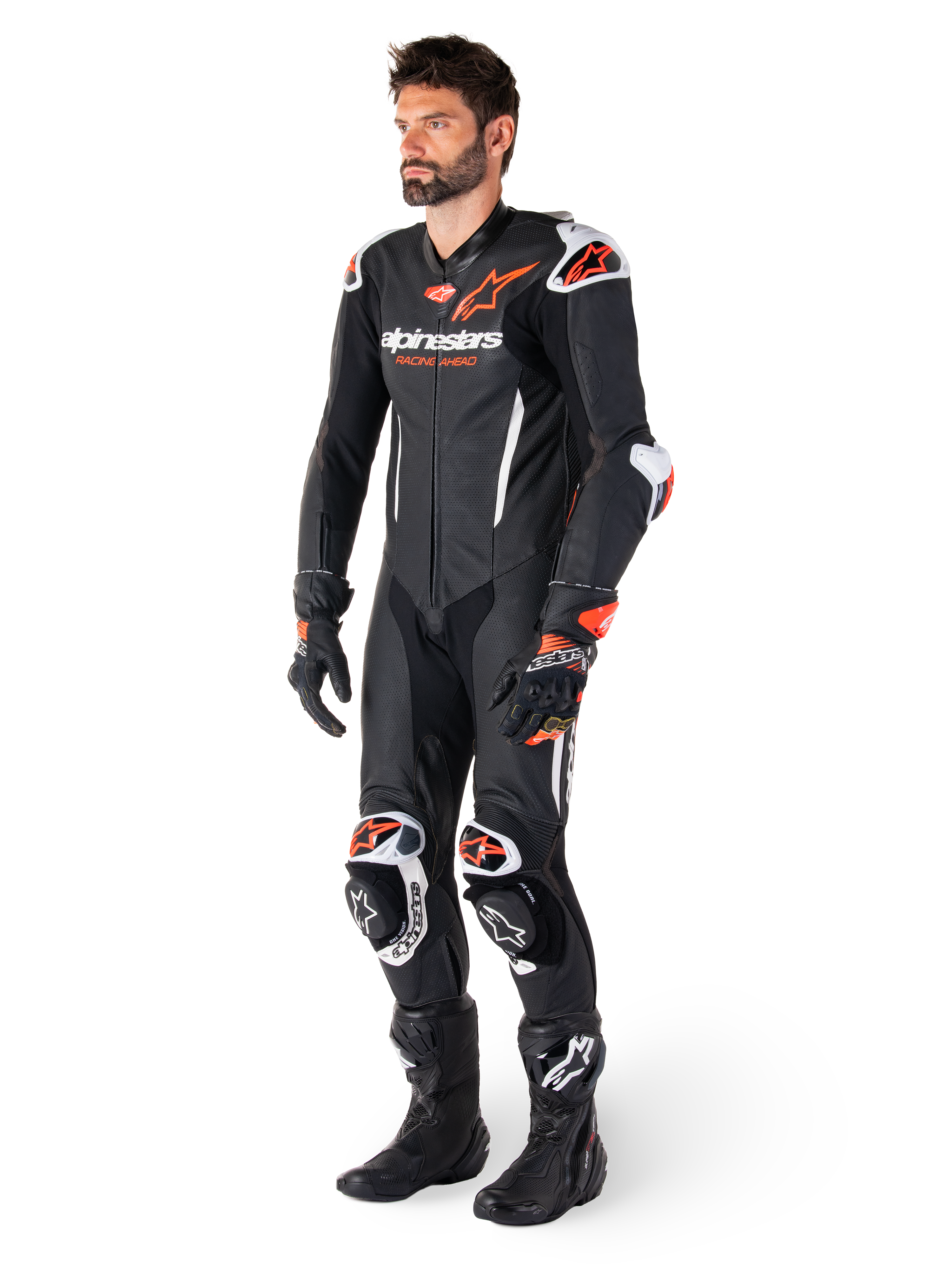 Alpinestars GP-R7 1PC Leather Suit, black and red fluo motorcycle racing gear for men with perforated construction.